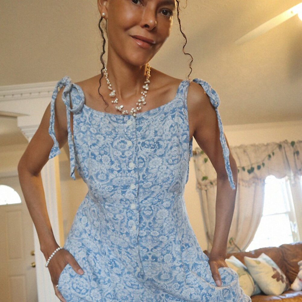 Free People Floral Jumpsuit: Blue and Off-White Tie Shoulder